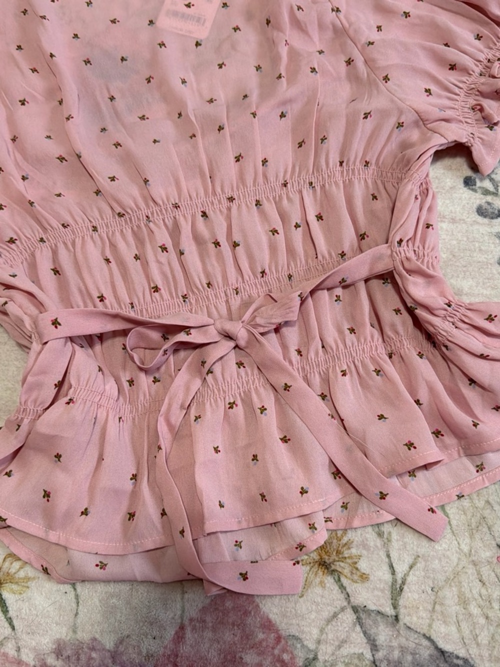 Free People Dusty Pink Smocked Puff Sleeve Tie-Waist Blouse - Picture 5 of 5